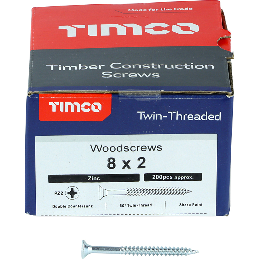 No. 8 x 2" Twin Woodscrew PZ2 CSK - BZP (Box of 200) 00082CWZ Timco