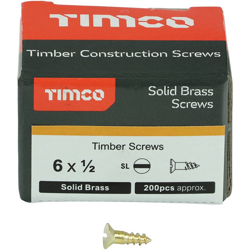 No. 6 x 1/2" Brass Woodscrew Slotted CSK (Box of 200) 00612CBS Timco