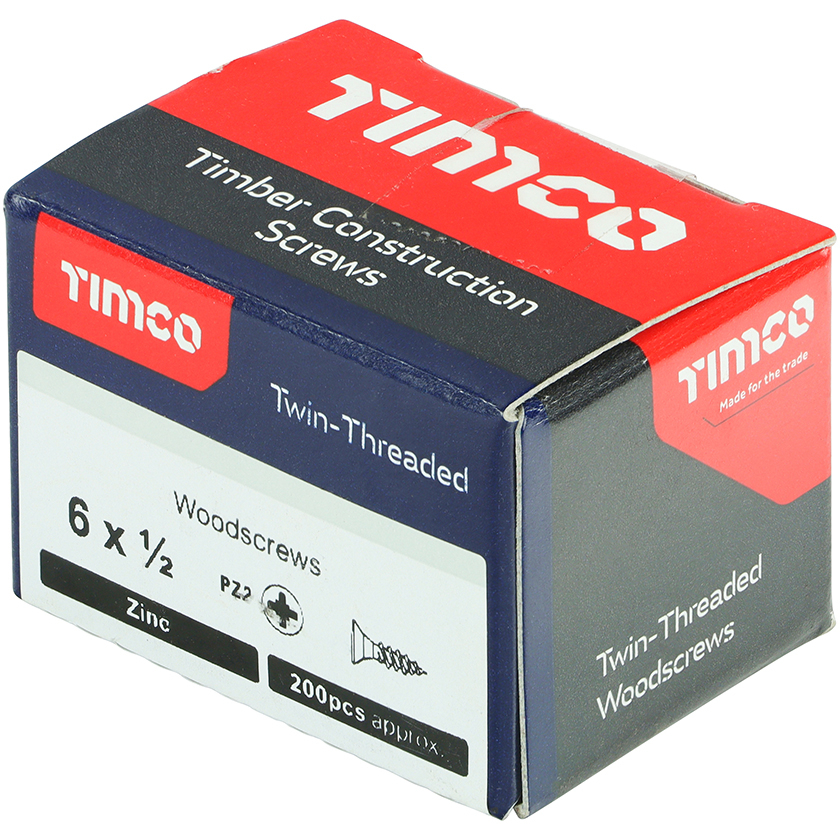 No. 6 x 1/2" Twin Woodscrew PZ2 CSK - BZP (Box of 200) 00612CWZ Timco