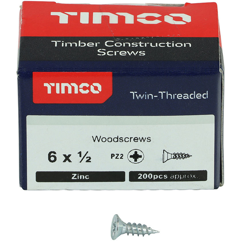 No. 6 x 1/2" Twin Woodscrew PZ2 CSK - BZP (Box of 200) 00612CWZ Timco