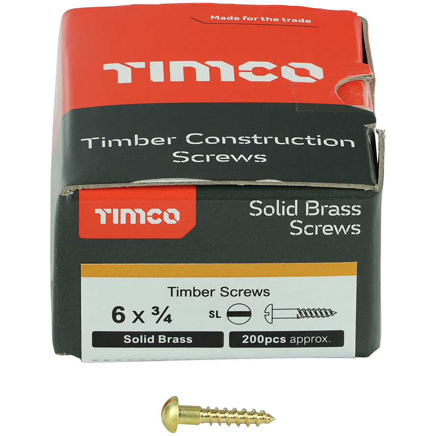 No. 6 x 3/4" Brass Woodscrew Slotted Round (Box of 200) 00634RBS Timco