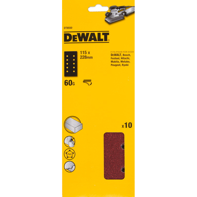 DeWalt DT8550-QZ 1/2 Sheet  "QUICK FIT" Sanding Sheets 60g 115mm x 228mm, 10 in Pack