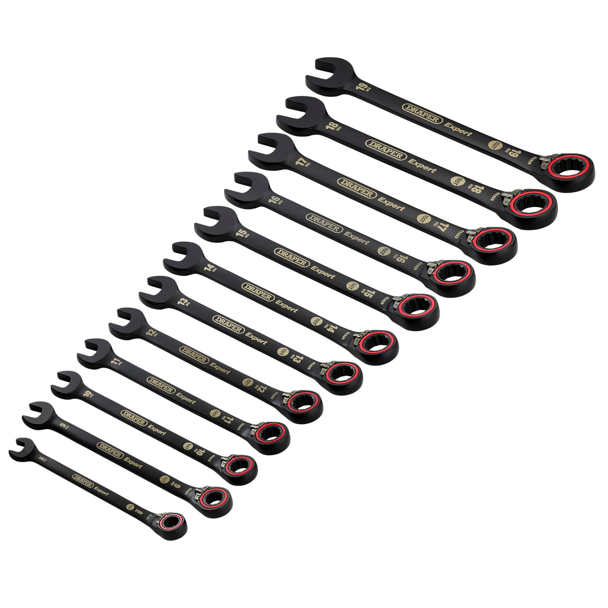 Draper 03912 8241RMM/BK/12 Expert Hi Torq&#174;  Metric Reversible Ratchet Combination Spanner Set, Black (12 Piece)