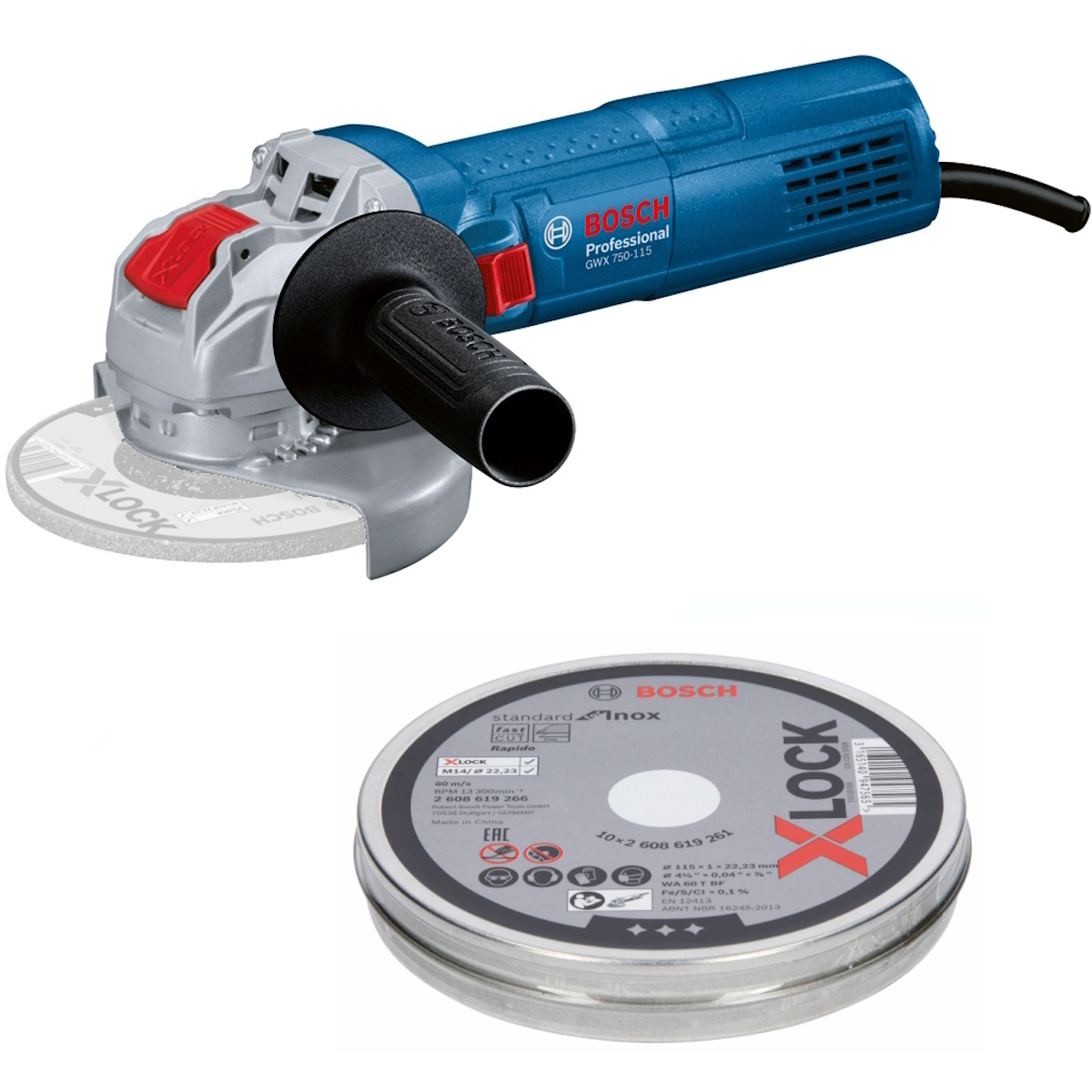 Bosch GWX 750-115 230V X-Lock 4.5"/115mm 750W Angle Grinder with 10 Extra Cutting Discs