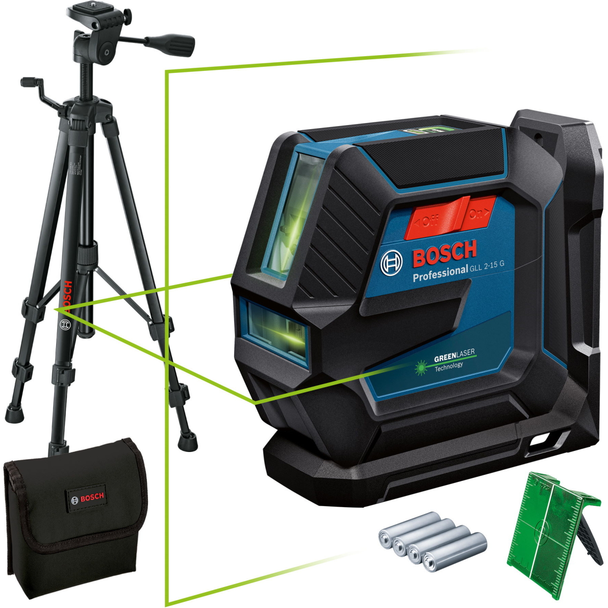 Bosch GLL 2-15 G + LB 10 + BT 15 Green Beam Line Laser 15m With Target Plate, Tripod and Pouch 