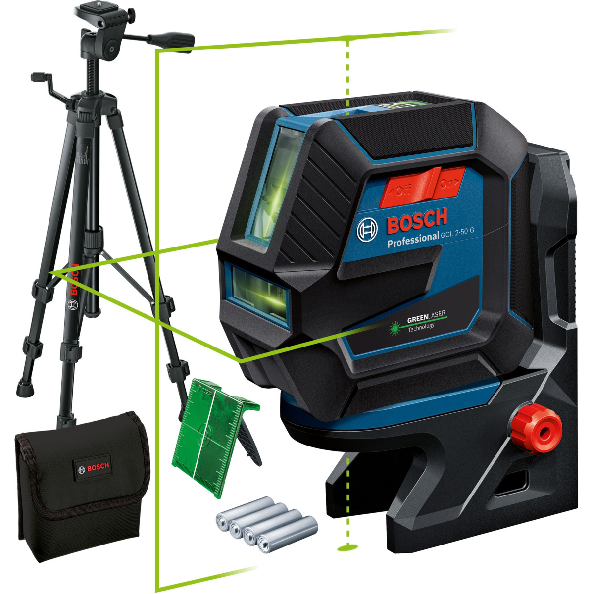 Bosch GCL 2-50 G + RM 10 + BT 150 Green Beam Combi Laser 50m with Tripod, Target plate and Pouch