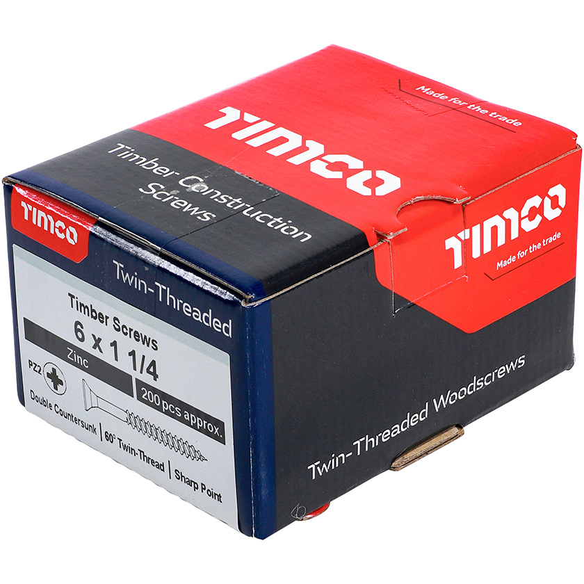 No. 6 x 1.1/4" Twin Woodscrew PZ2 CSK - BZP (Box of 200) 06114CWZ Timco