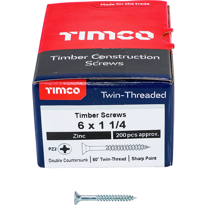 No. 6 x 1.1/4" Twin Woodscrew PZ2 CSK - BZP (Box of 200) 06114CWZ Timco