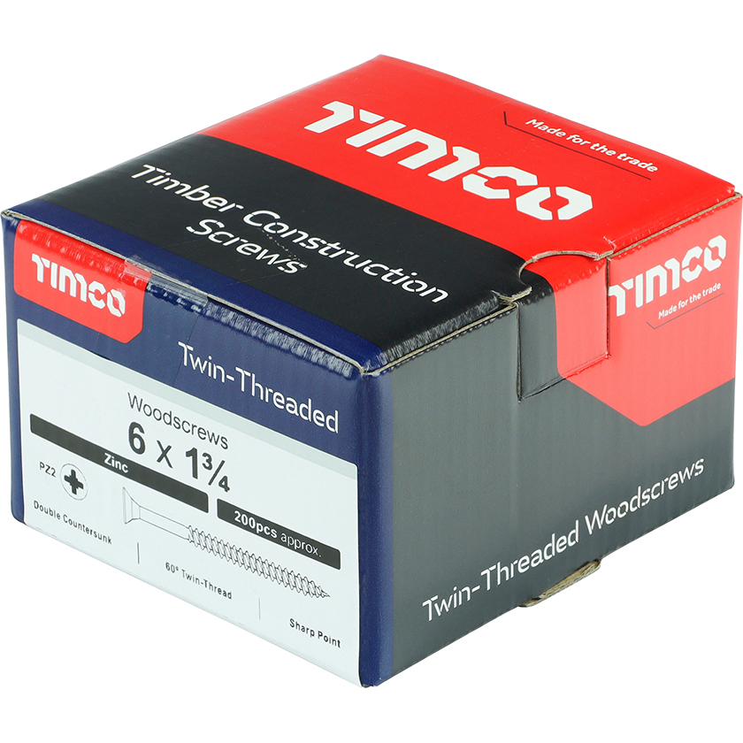 No. 6 x 1.3/4" Twin Woodscrew PZ2 CSK - BZP (Box of 200) 06134CWZ Timco