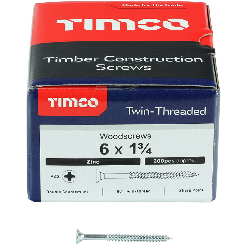 No. 6 x 1.3/4" Twin Woodscrew PZ2 CSK - BZP (Box of 200) 06134CWZ Timco