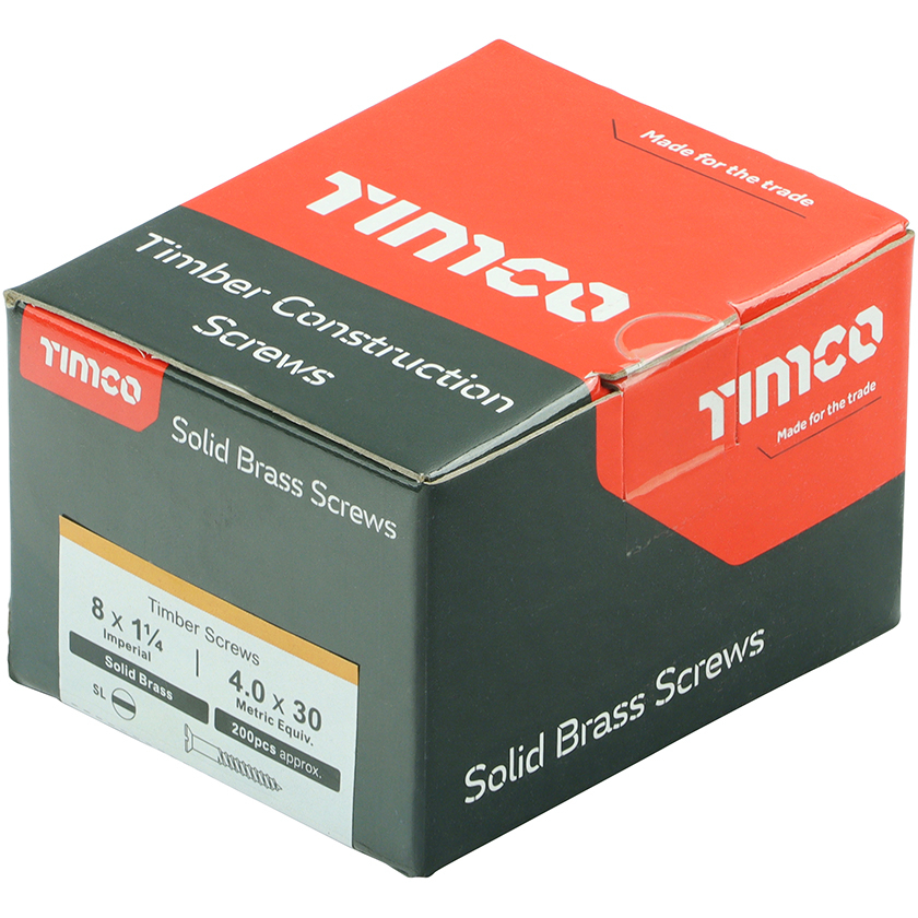No. 8 x 1.1/4" Brass Woodscrew Slotted CSK (Box of 200) 08114CBS Timco