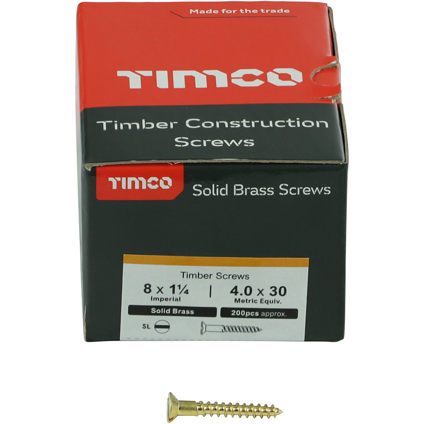 No. 8 x 1.1/4" Brass Woodscrew Slotted CSK (Box of 200) 08114CBS Timco