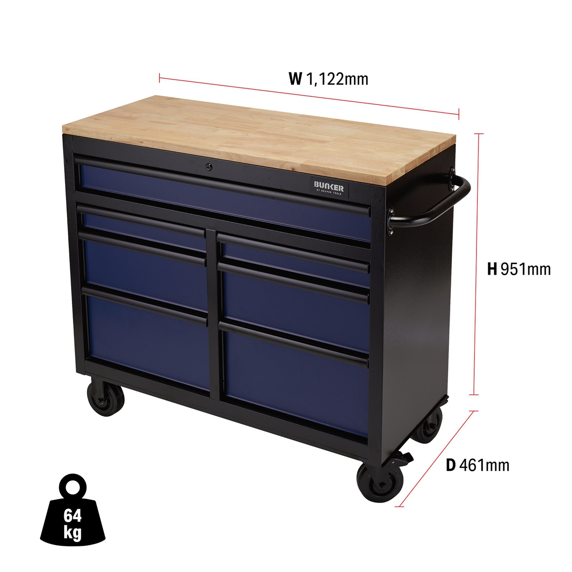 Draper 08222 B100-41B Bunker&#174; Workbench Roller Tool Cabinet, 7 Drawer, 41", Blue