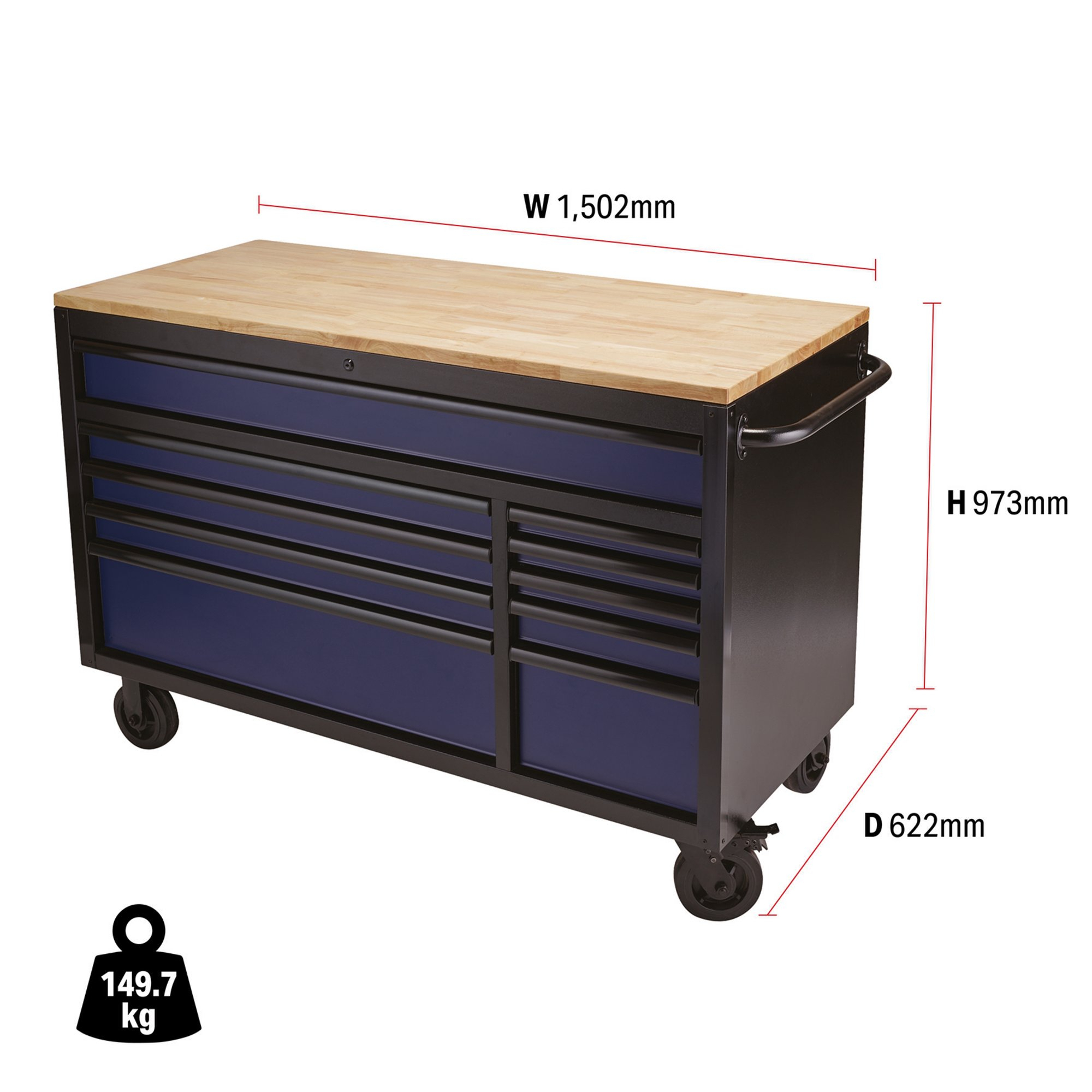 Draper 08237 B100-56B Bunker&#174; Workbench Roller Tool Cabinet, 10 Drawer, 56", Blue