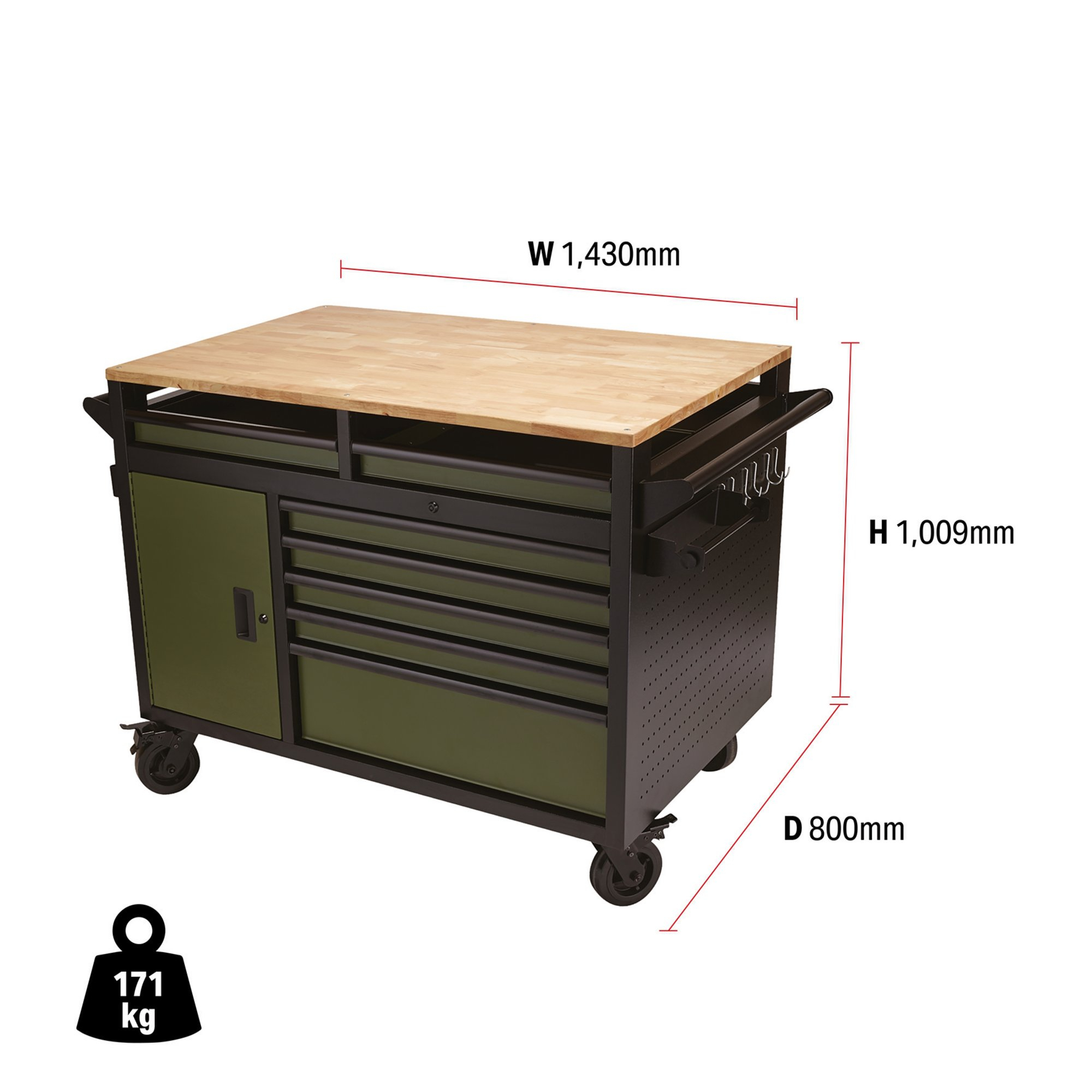 Draper 08269 B100-48MTGR Bunker&#174; Multi Functional Workbench Roller Tool Cabinet, 14 Drawer, 48", Green