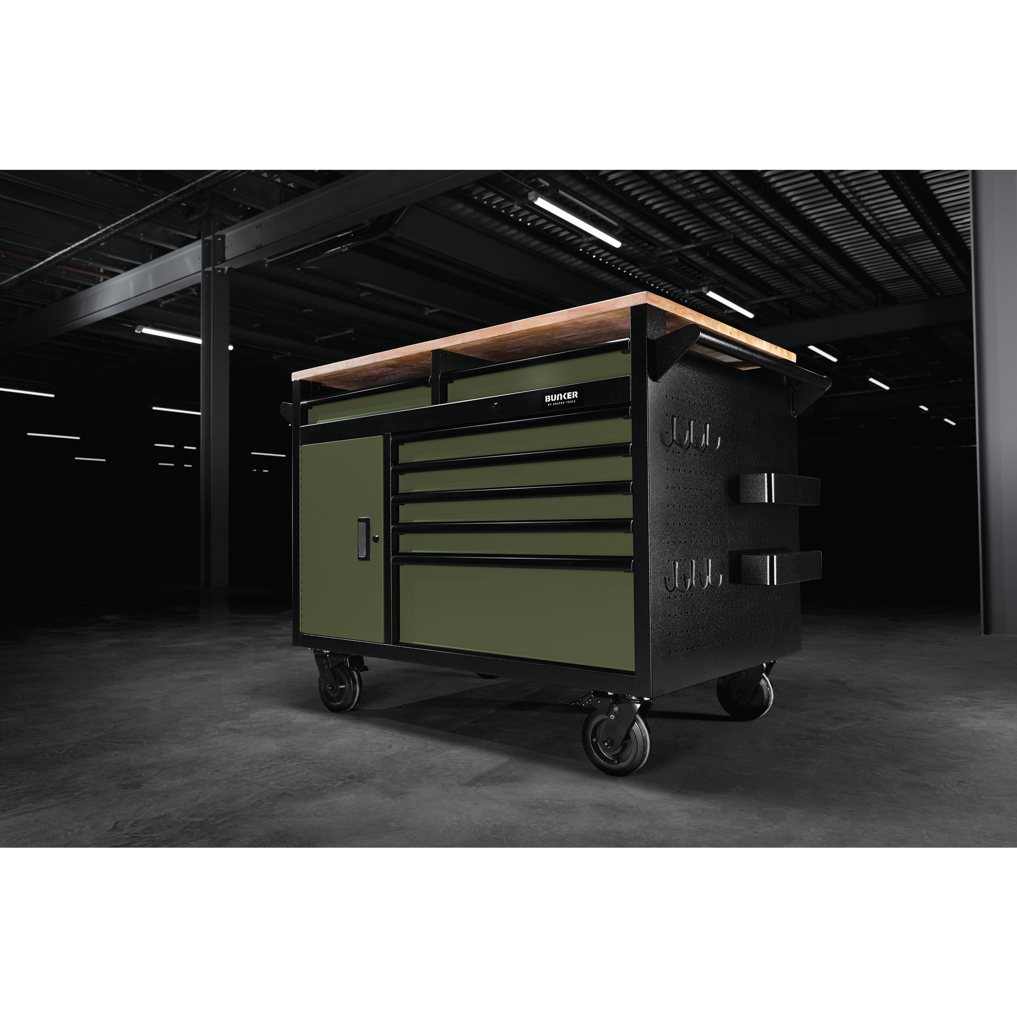 Draper 08269 B100-48MTGR Bunker&#174; Multi Functional Workbench Roller Tool Cabinet, 14 Drawer, 48", Green