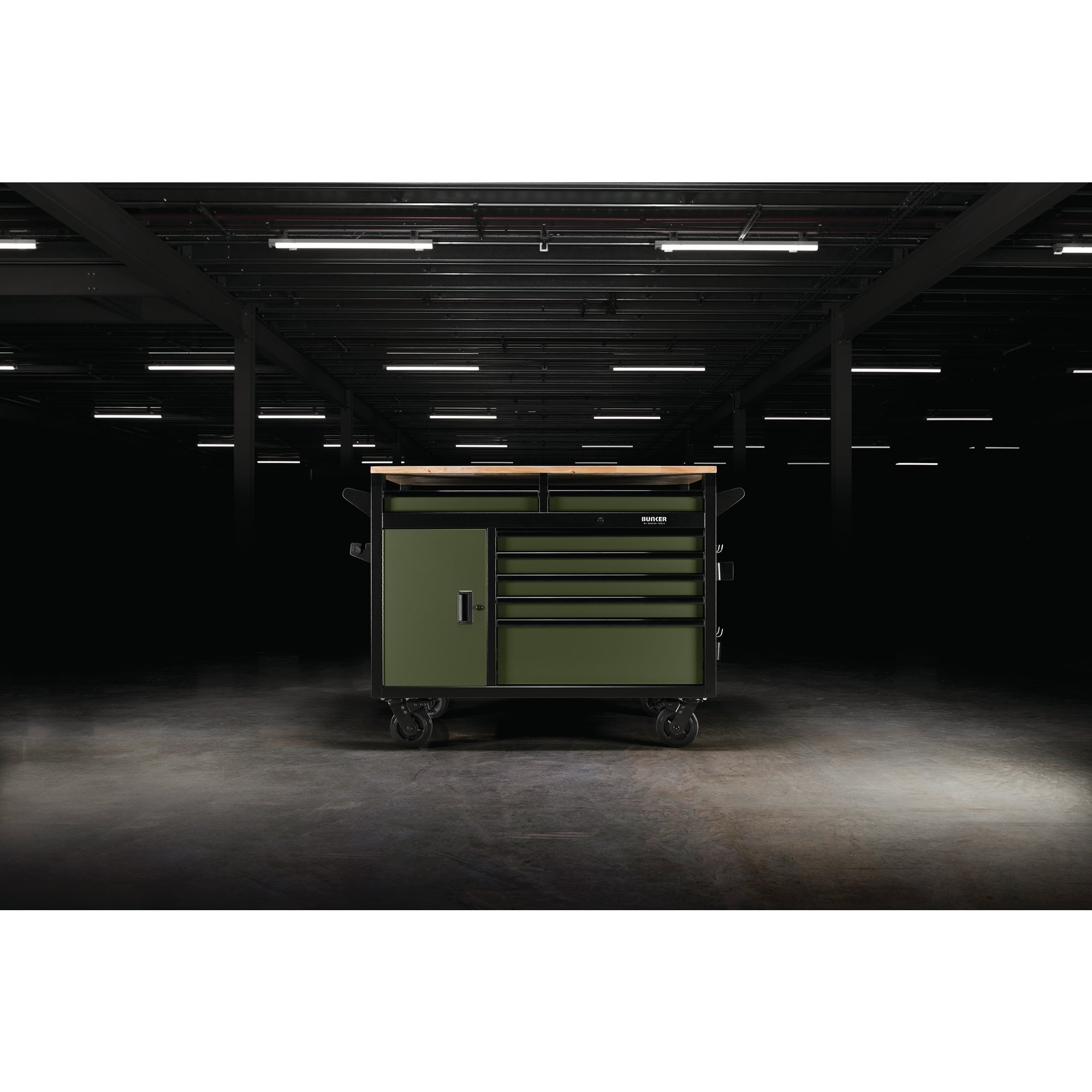 Draper 08269 B100-48MTGR Bunker&#174; Multi Functional Workbench Roller Tool Cabinet, 14 Drawer, 48", Green