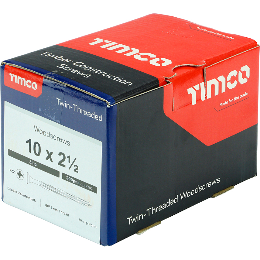 No. 10 x 2.1/2" Twin Woodscrew PZ2 CSK - BZP (Box of 200) 10212CWZ Timco