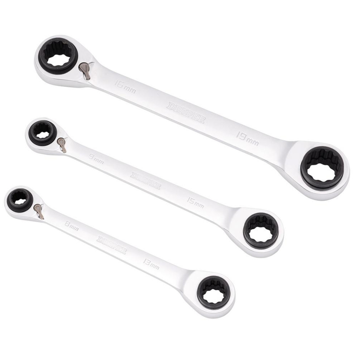 Draper 11652 Metric 4-in-1 Reversible Double Ring End Ratchet Spanner Set (3 Piece)