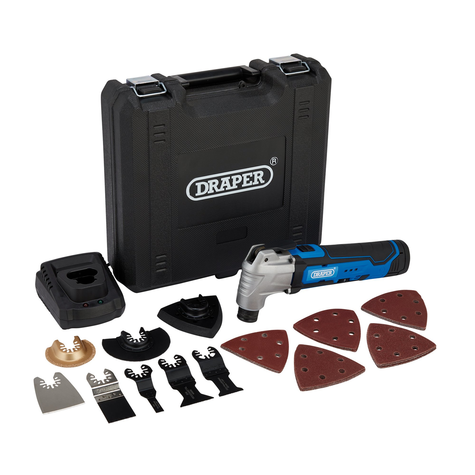 Draper 19392 12V Oscillating Multi-Tool (33 Piece), 1 x Battery, 1.5Ah, 1 x Fast Charger