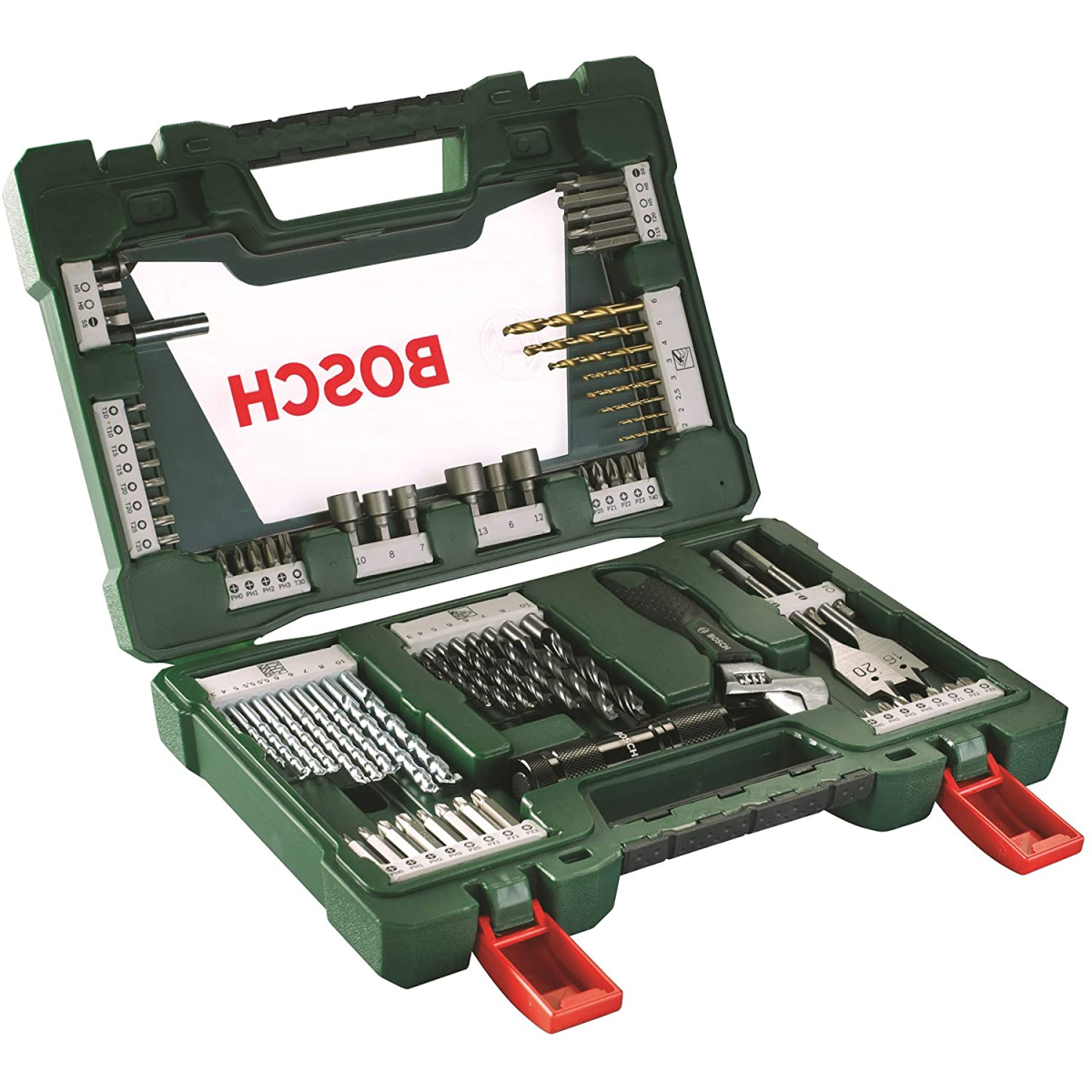 Bosch 2607017193 83-Piece V-Line Tin Drill Bit And Screwdriver Bit Set With Led Torch And Adjustable Spanner (1 Pack Of 83)