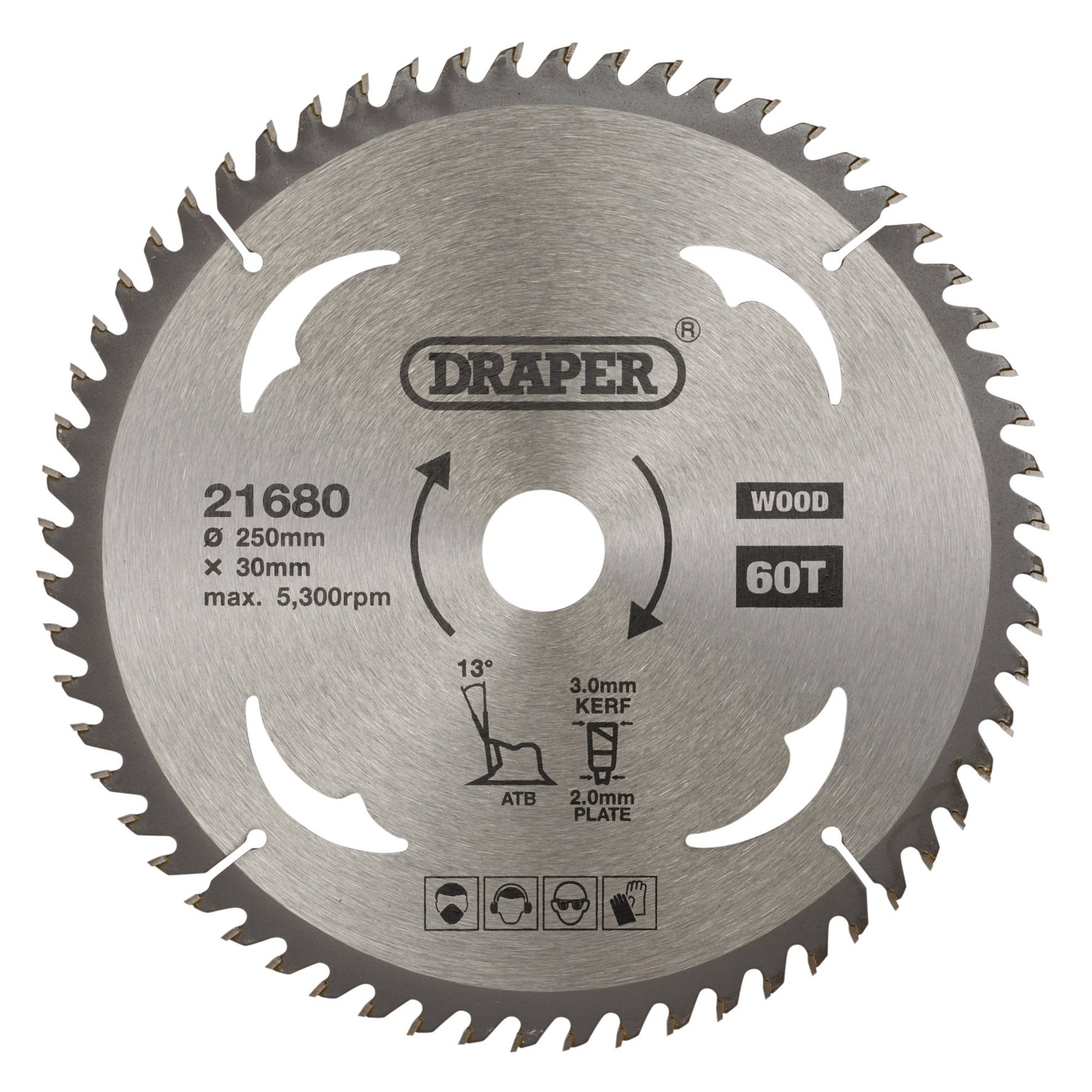 Draper 21680 SBW12 Tct Circular Saw Blade For Wood, 250 X 30mm, 60 T