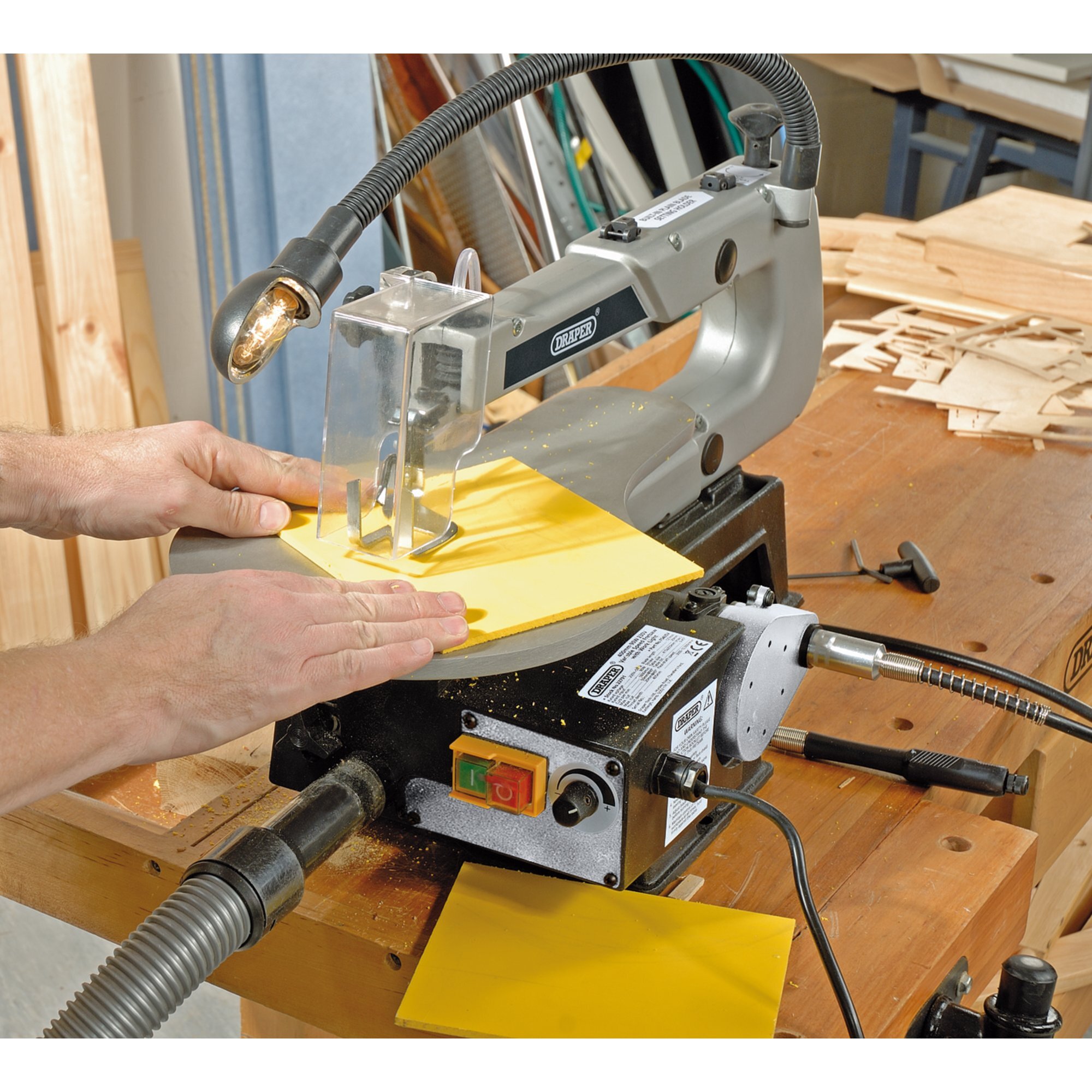 Draper 22791 FS405V 405mm 90W 230V Variable Speed Fretsaw with Flexible Drive Shaft and Worklight