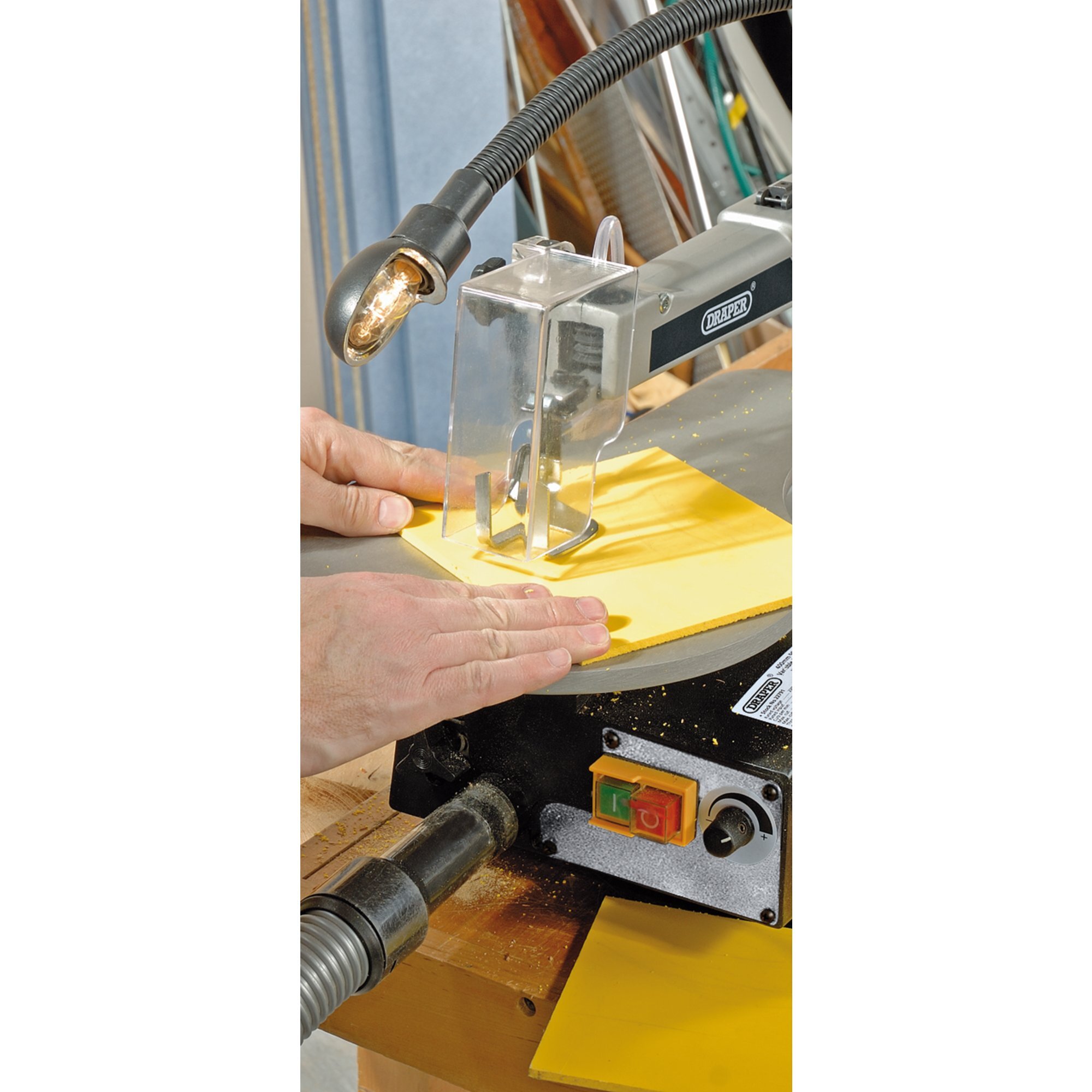 Draper 22791 FS405V 405mm 90W 230V Variable Speed Fretsaw with Flexible Drive Shaft and Worklight