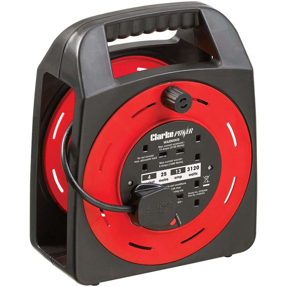 Clarke 6155324 CCR25SE 4 Socket 25m Cable Reel With Thermal Cut Out 230V