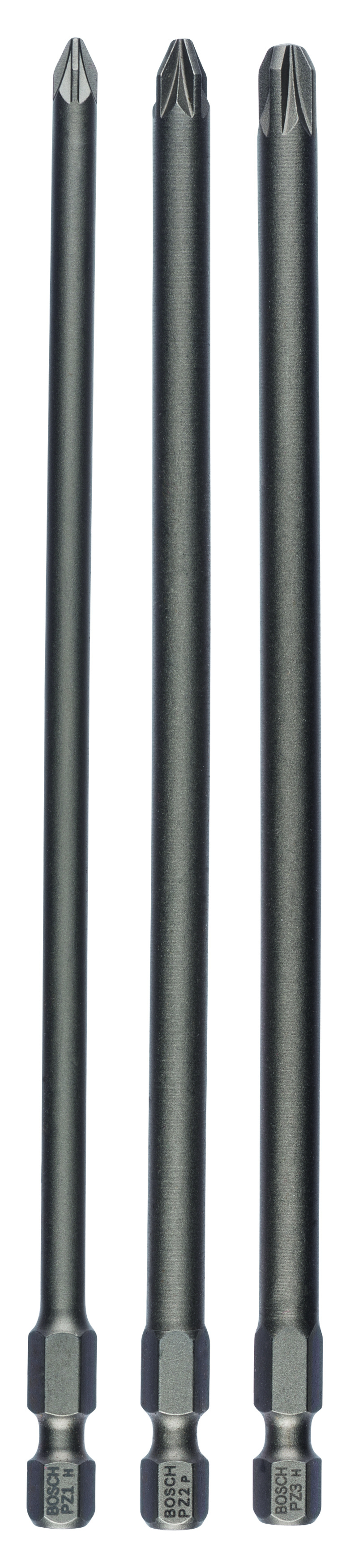 Bosch 2607001762 3 piece assorted screwdriver bit packs. (One each PZ1 (152mm), PZ2 (152mm). PZ3 (152mm)