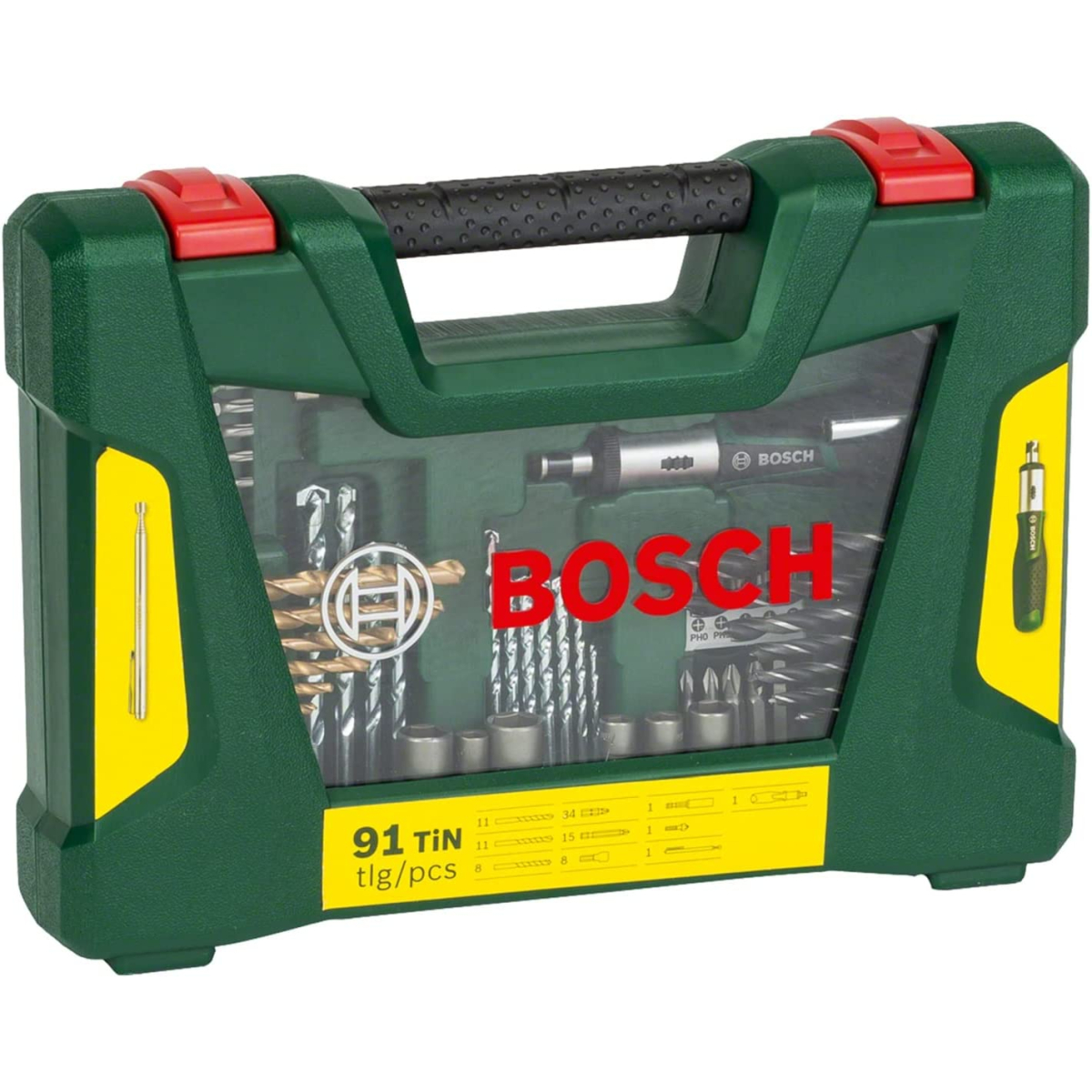 Bosch 2607017195 91-Piece V-Line TiN Coated Drill and Screwdriver Bit Set With Ratchet Screwdriver and Telescopic Magnetic Pick-Up Tool
