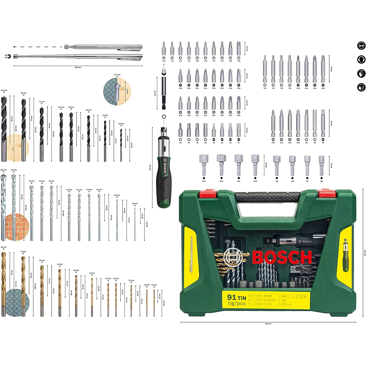 Bosch 2607017195 91-Piece V-Line TiN Coated Drill and Screwdriver Bit Set With Ratchet Screwdriver and Telescopic Magnetic Pick-Up Tool