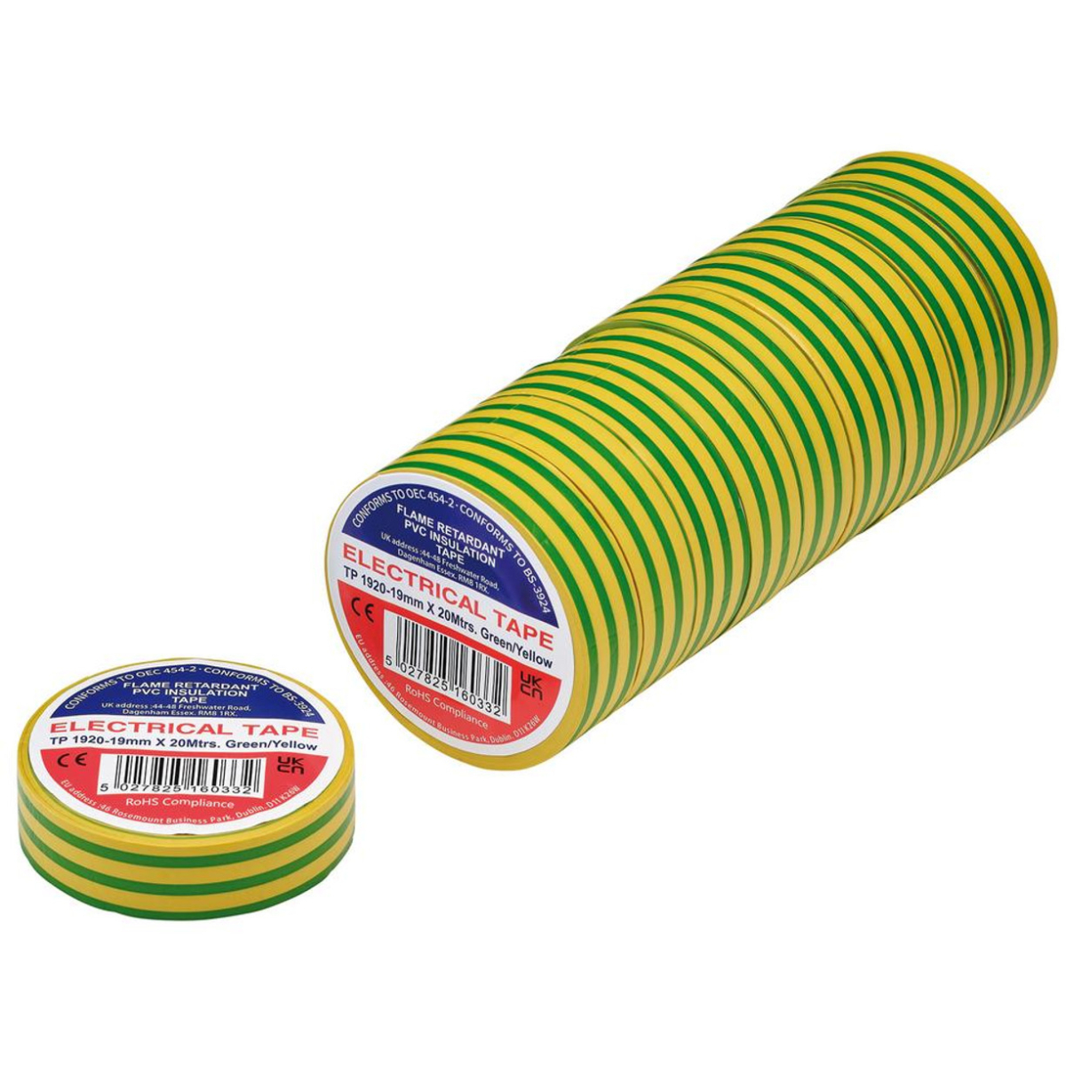 Draper 29533 Green/Yellow PVC Electrical Insulation Tape, 19mm x 20m (Pack of 10)