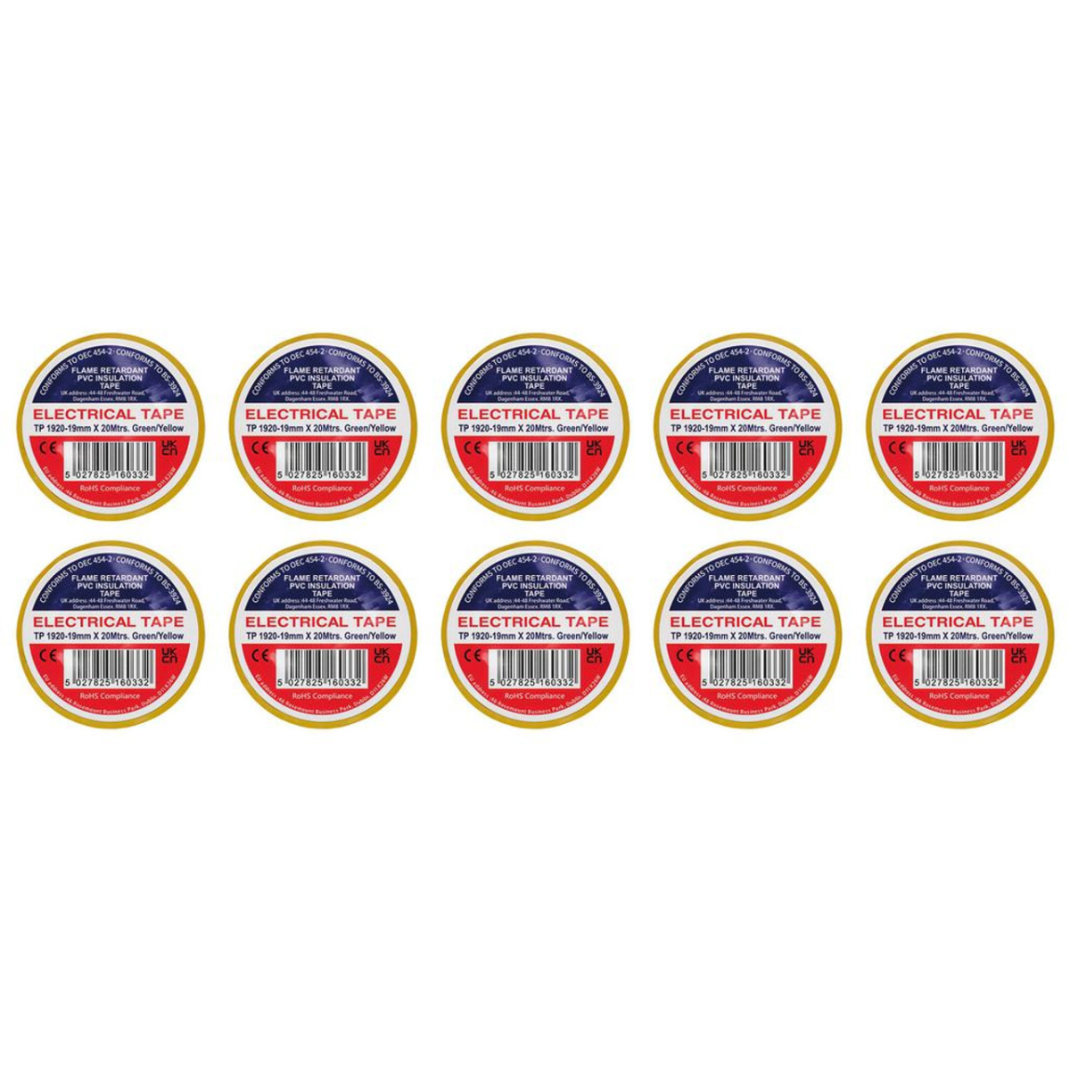 Draper 29533 Green/Yellow PVC Electrical Insulation Tape, 19mm x 20m (Pack of 10)