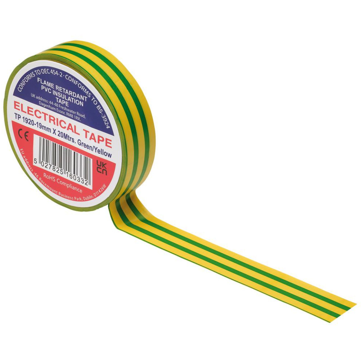 Draper 29533 Green/Yellow PVC Electrical Insulation Tape, 19mm x 20m (Pack of 10)
