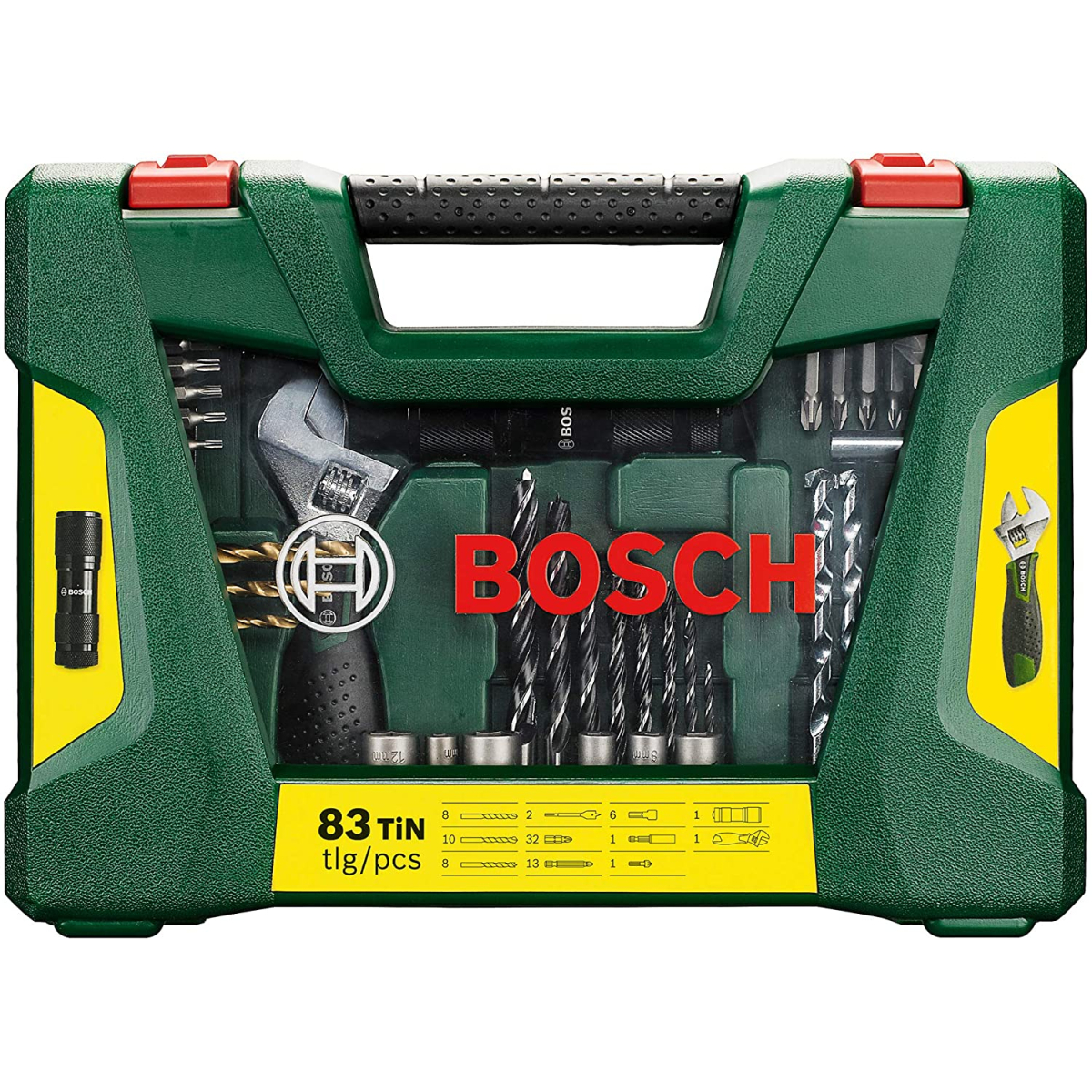 Bosch 2607017193 83-Piece V-Line Tin Drill Bit And Screwdriver Bit Set With Led Torch And Adjustable Spanner (1 Pack Of 83)
