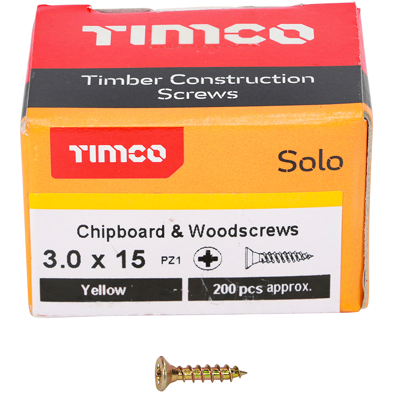 3.0mm x 15mm Solo Woodscrew PZ1 CSK - ZYP (Box of 200) 30015SOLOC Timco