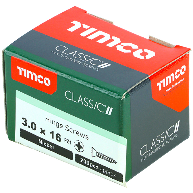 3.0mm x 16mm Classic Hinge Screw PZ1- NKL (Box of 200) 30016CLAHN Timco