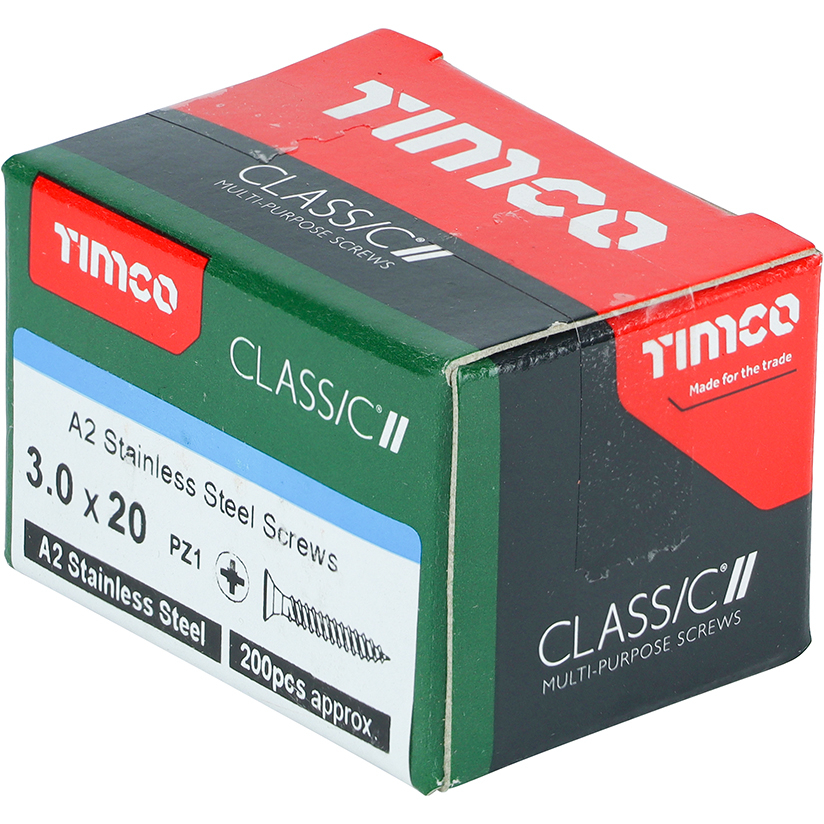3.0mm x 20mm Classic Screw PZ1 CSK - A2 S/S (Box of 200) 30020CLASS Timco