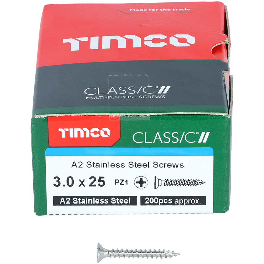 3.0mm x 25mm Classic Screw PZ1 CSK - A2 S/S (Box of 200) 30025CLASS Timco