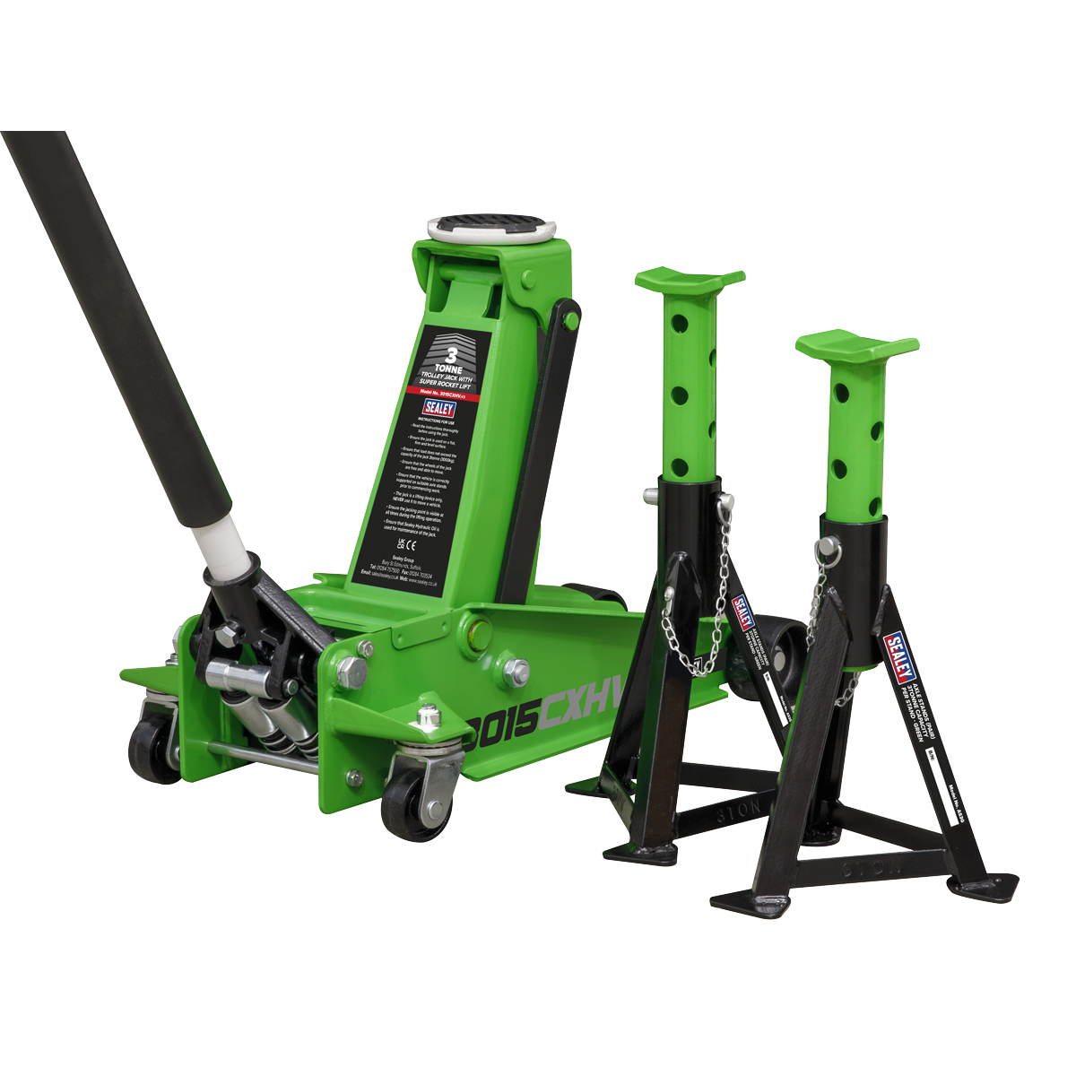 Sealey 3015CXHV Trolley Jack 3tonne with Super Rocket Lift & Axle Stands (Pair) 3tonne Capacity per Stand-Hi-Vis