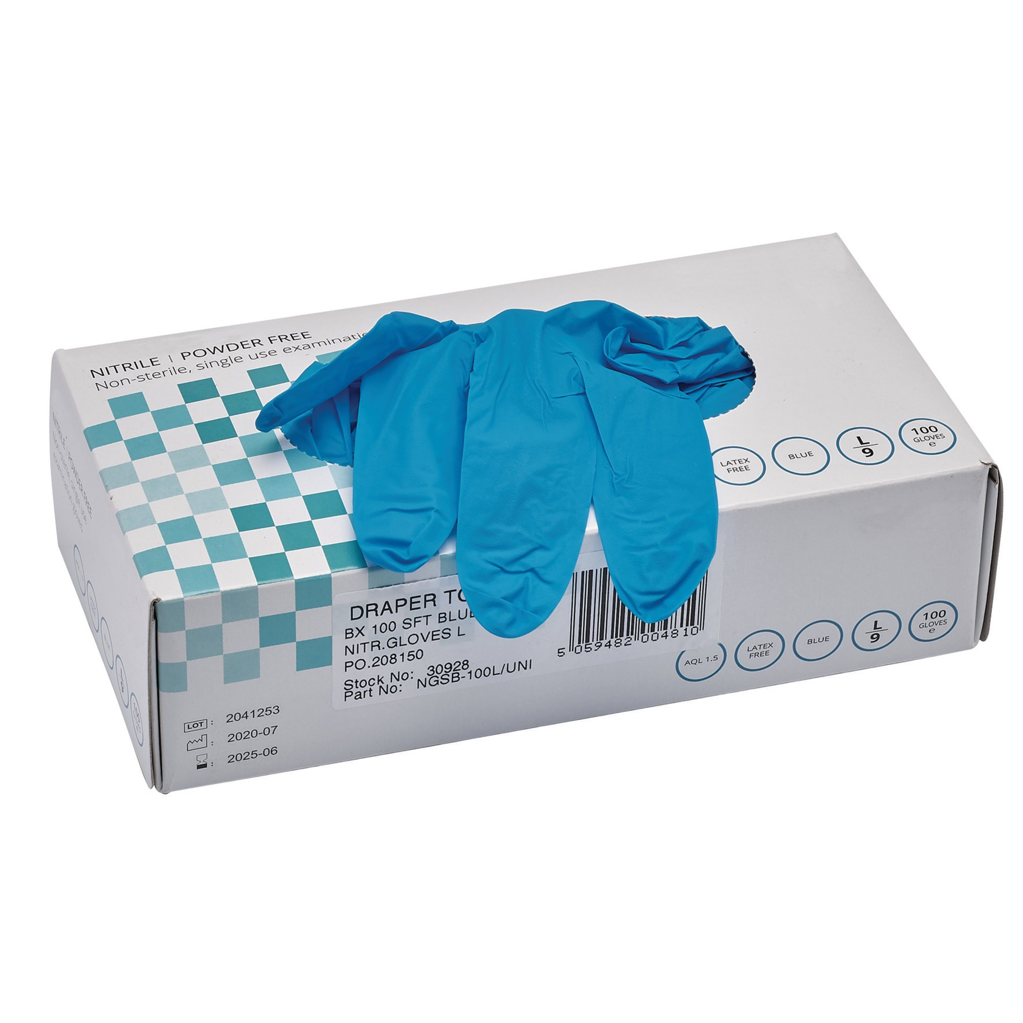 Draper 30928 NGSB-100L/UNI Large Blue Powder Free Nitrile Disposable Gloves (Pack of 100)