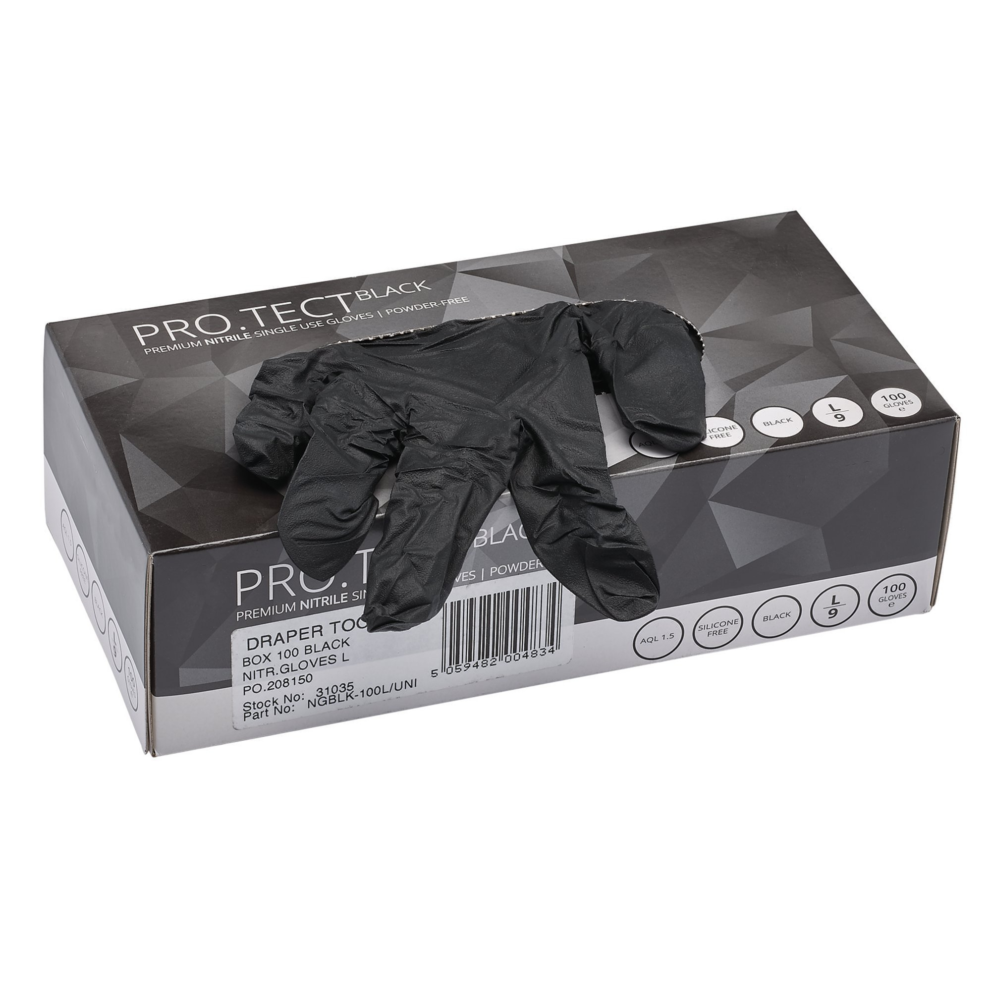 Draper 31035 Large Black Powder Free Nitrile Gloves (Pack of 100)