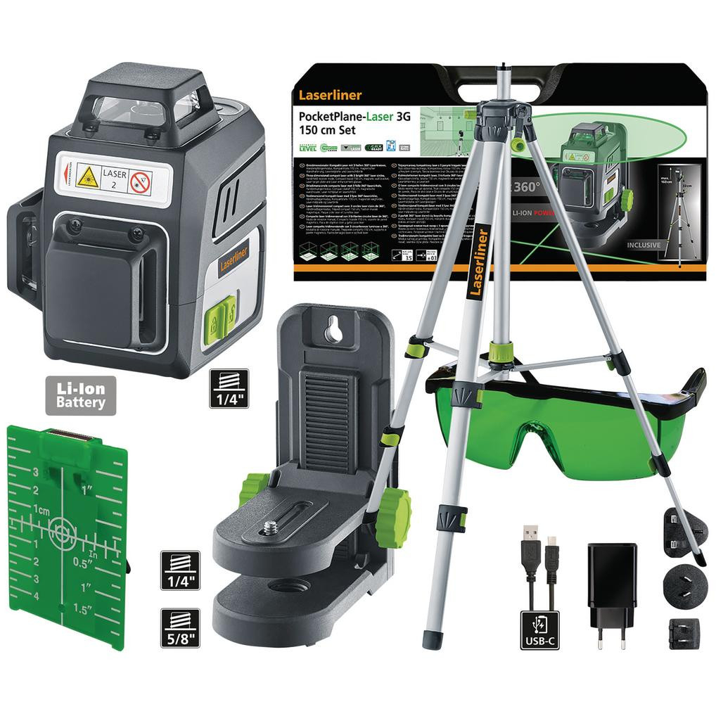 Laserliner 32165 036.703A PocketPlane-Laser 3G Set Three-Dimensional Laser, 150cm