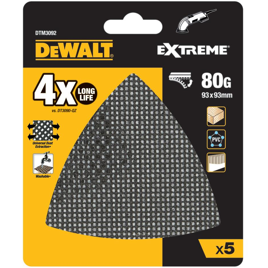 DeWalt DTM3092-QZ EXTREME Universal Abrasive Mesh Detail Sander Sheets 93mm x 93mm - 80G Pack x 5