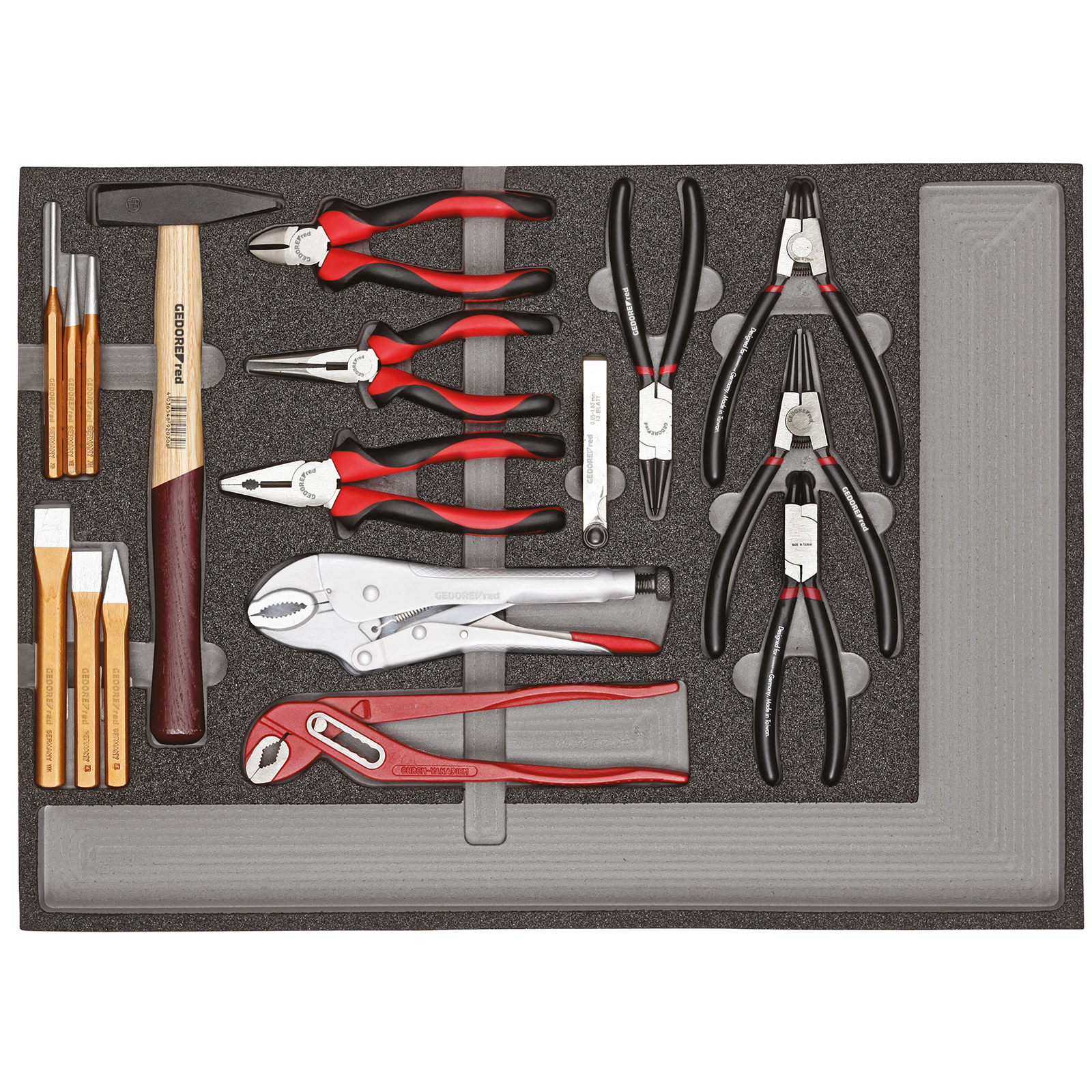 Gedore RED 3301682 Tool Set - Pliers, Hammer and Chisel Set in Foam Module - 29 Piece