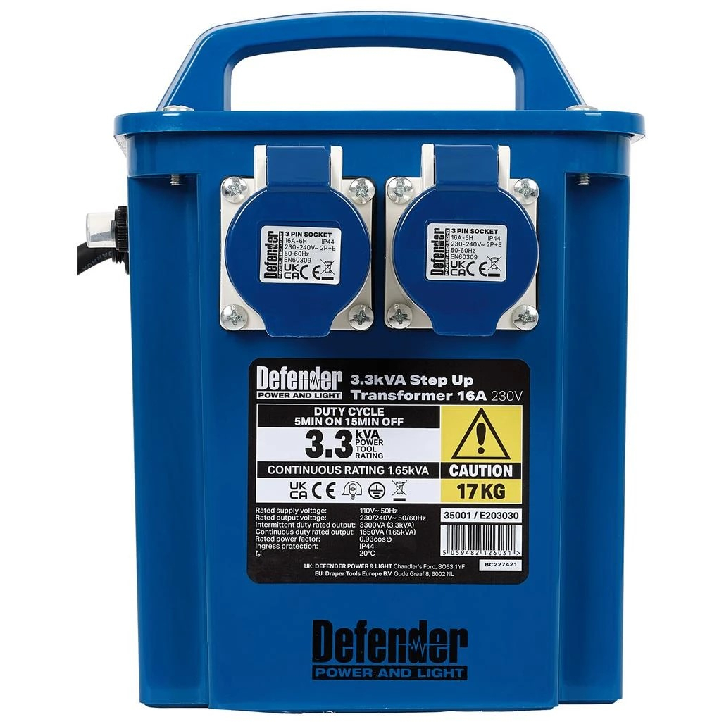 Defender E203030 3.3kVA 230V Step Up Transformer, 16A