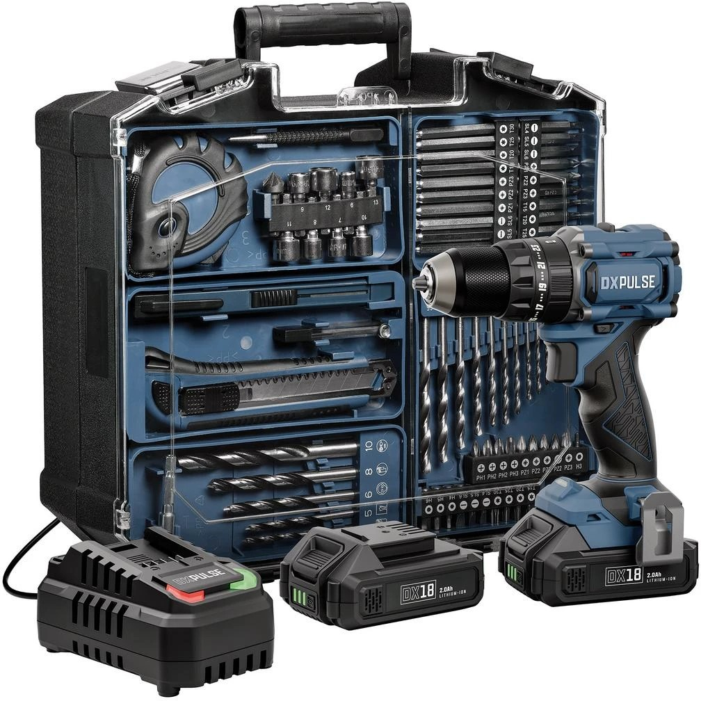 Draper 39660 DXPULSE 18V Brushless Combi Drill Kit with 2x 2Ah Batteries and 74 Accessories
