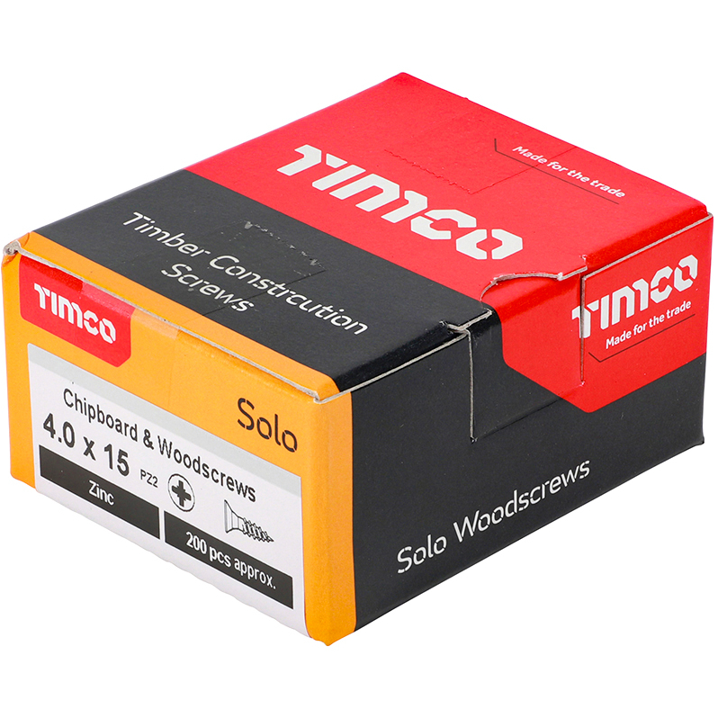 4.0mm x 15mm Solo Woodscrew PZ2 CSK - BZP (Box of 200) 40015SOLOZ Timco