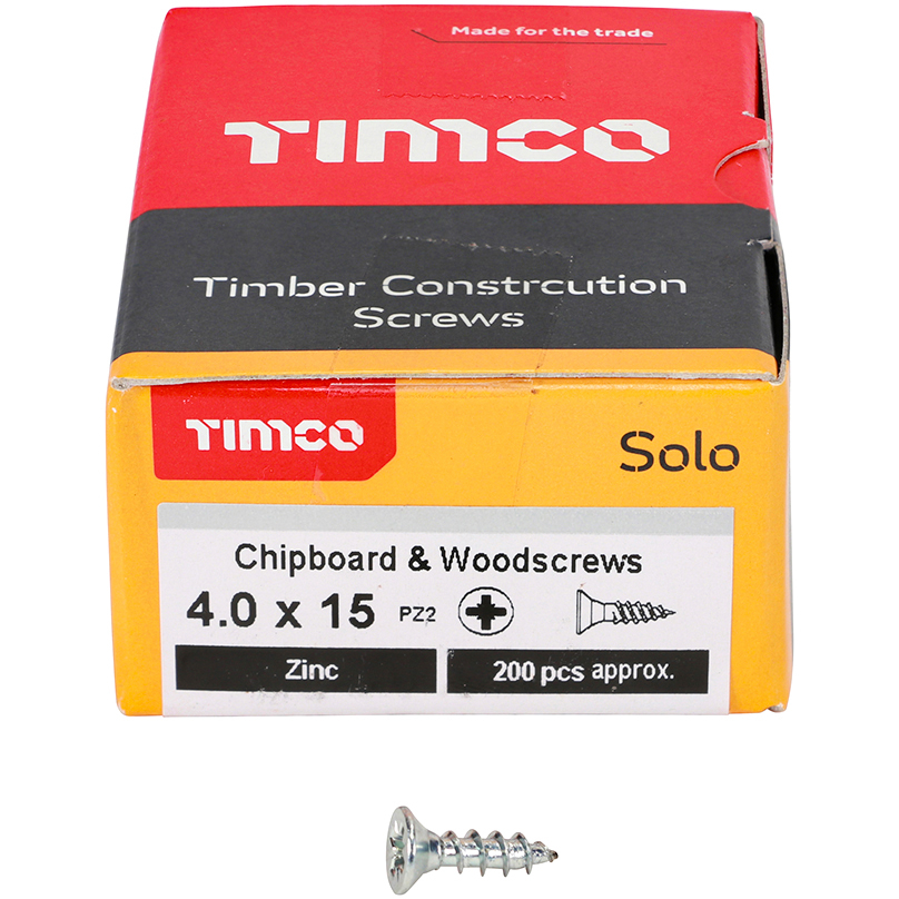 4.0mm x 15mm Solo Woodscrew PZ2 CSK - BZP (Box of 200) 40015SOLOZ Timco